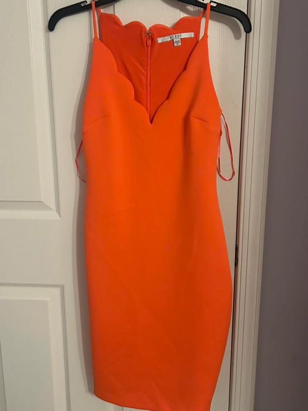 Guess Bright Orange Scallop-Neck Midi Dress